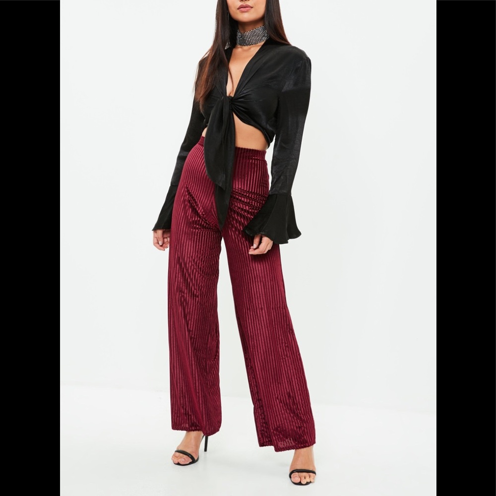 Missguided Velvet Burgundy Wide Leg Pants Trousers